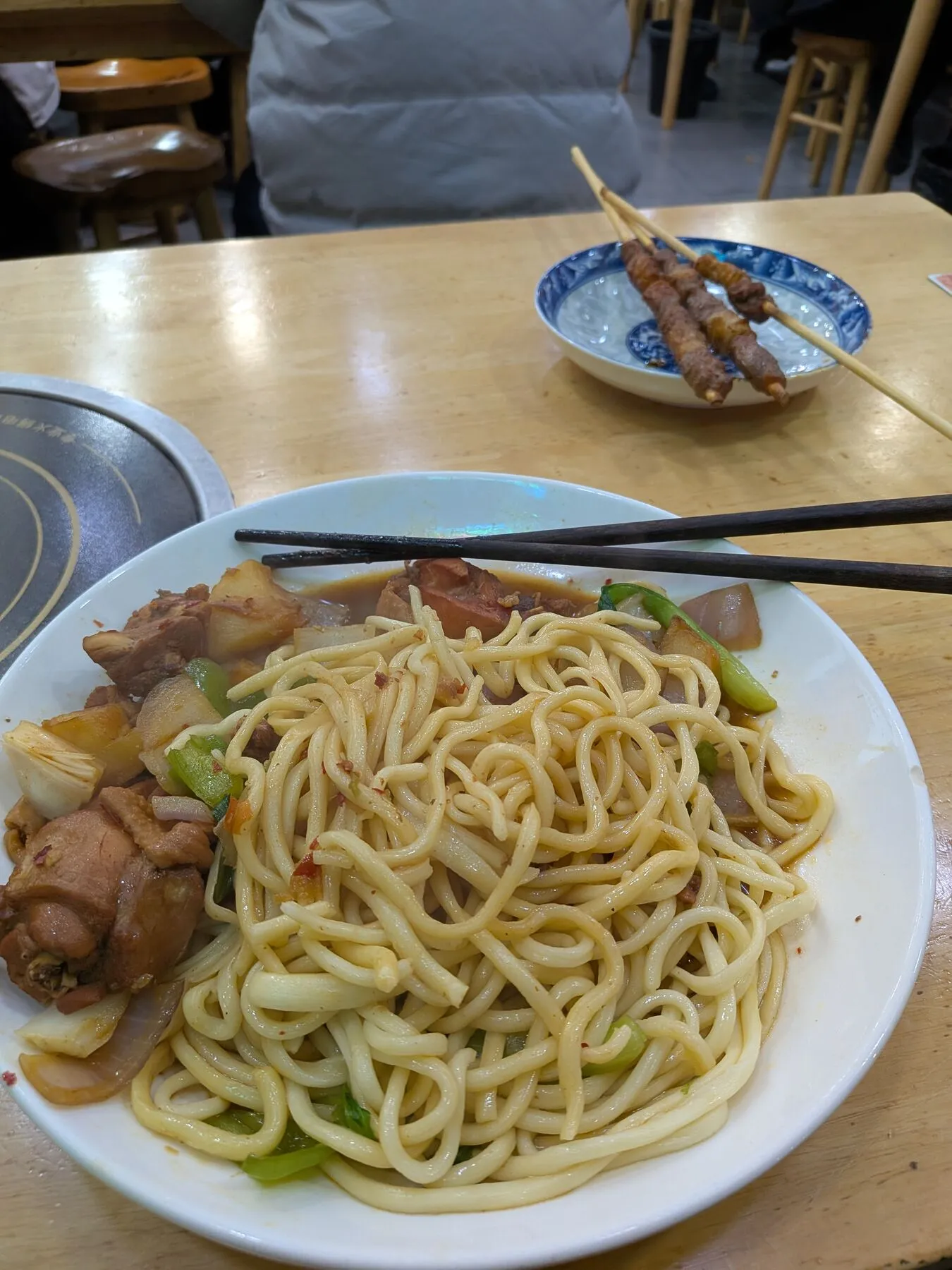 Noodles and mutton skewers.
