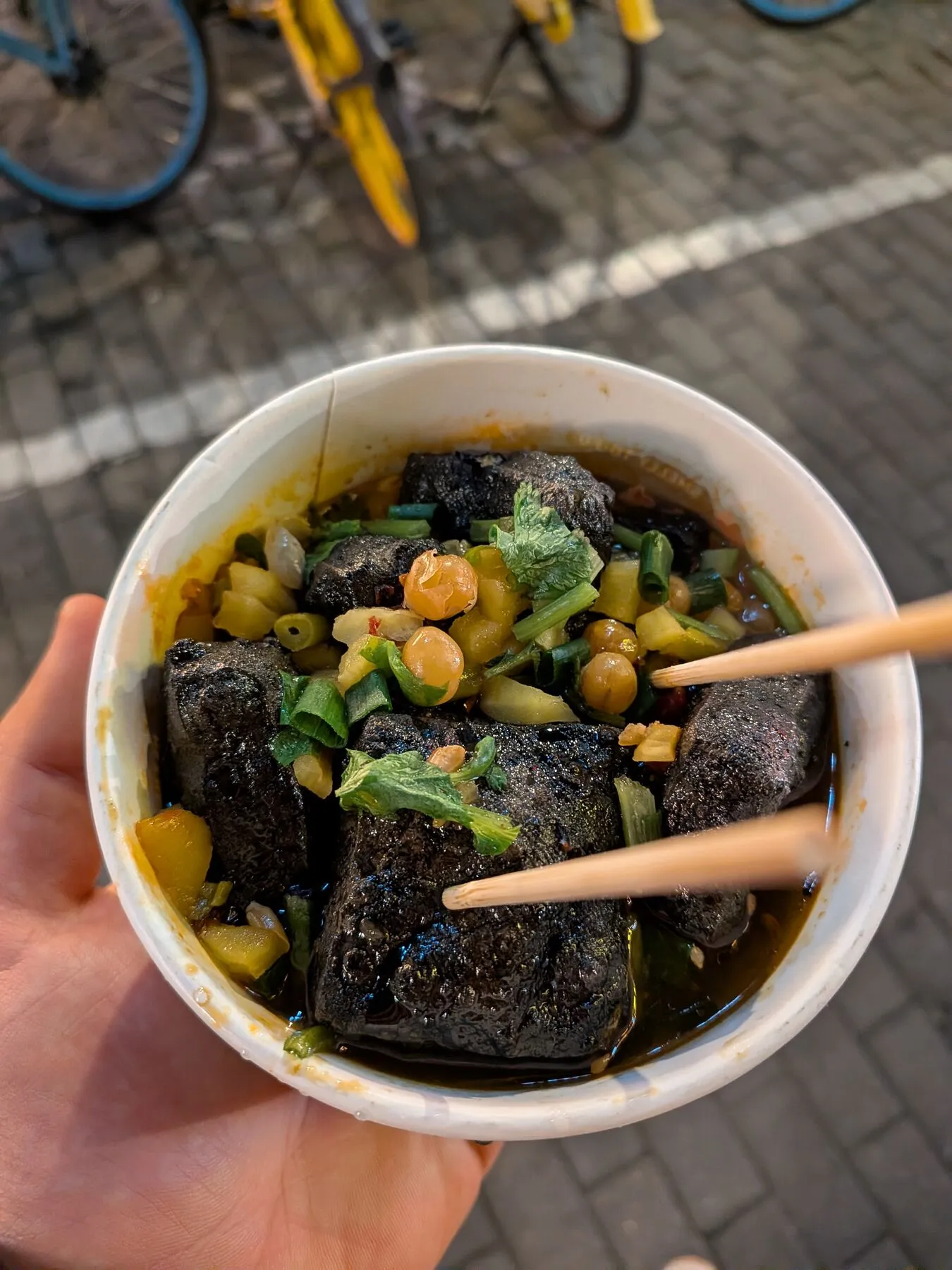Stinky tofu, moments before immediate rejection.